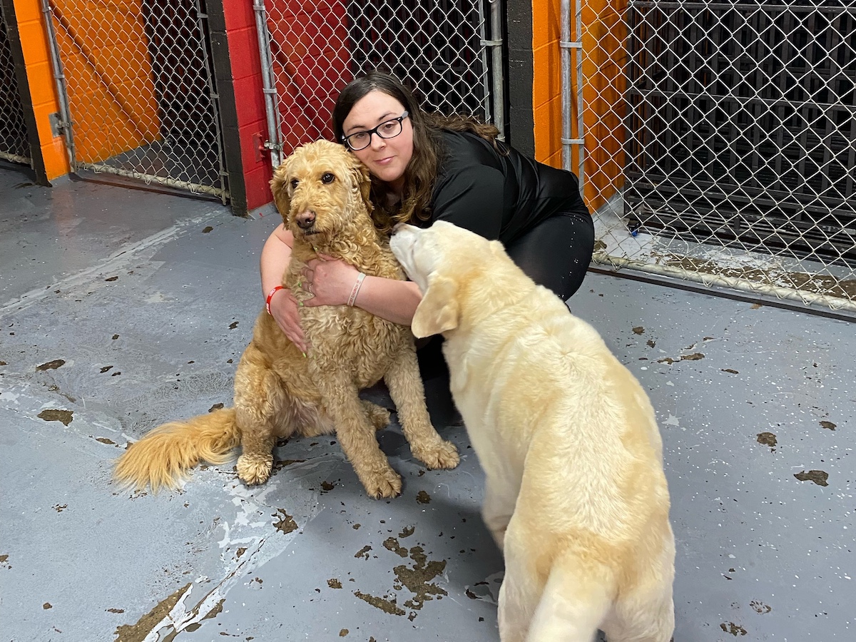 Woman crouched down and hugging two dogs